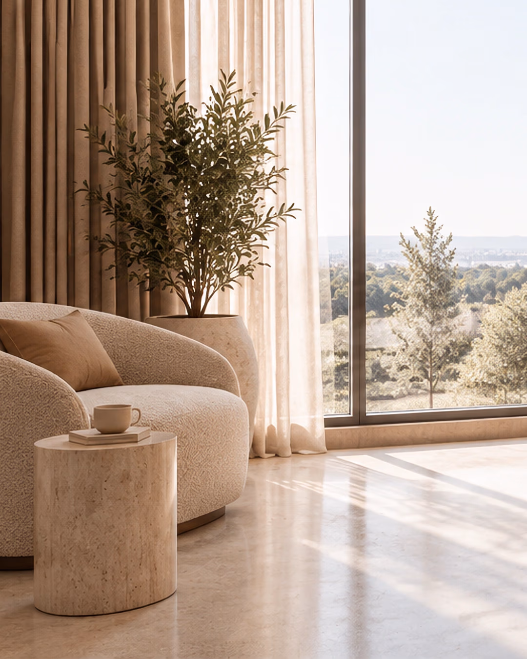 Lounge chair beside a tall window with sheer curtains