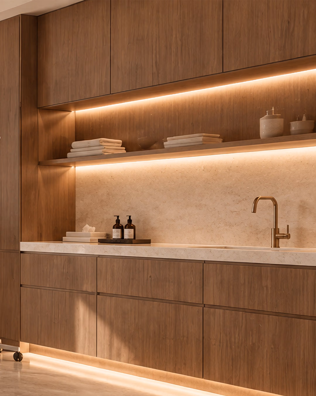 Wood-panelled clinical counter with soft lighting