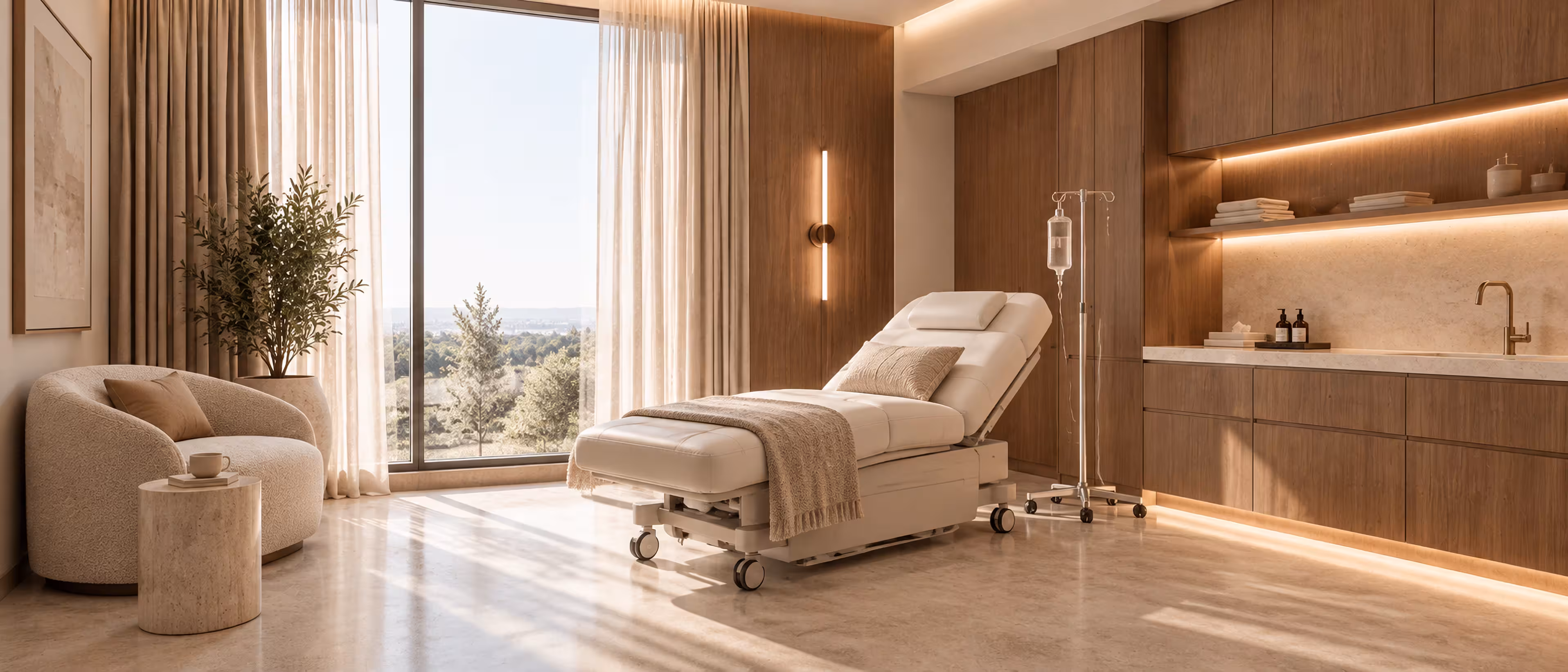 Treatment room with a reclining bed beside a tall window